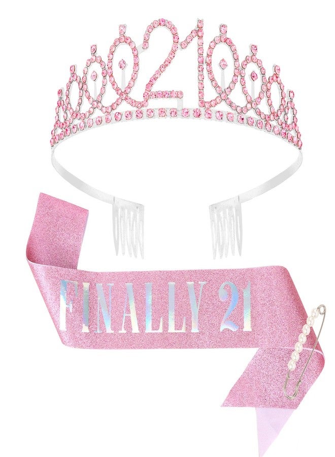 CAVETEE Birthday Headband for women, 21st Birthday Decorations Finally 21 Sash and Crown for 21st Party (Pink, Onesize) - Image 1